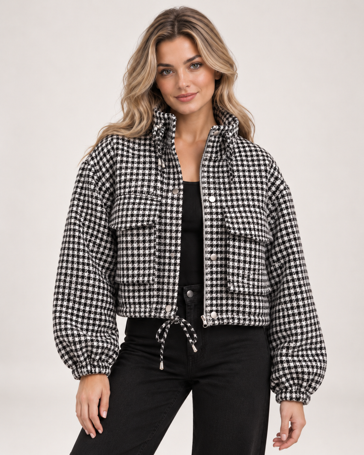 Women's black and white checked cropped jacket front view