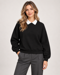Women's black collared jumper with layered shirt detail front view
