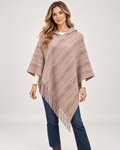 Women's apricot striped hooded poncho front view