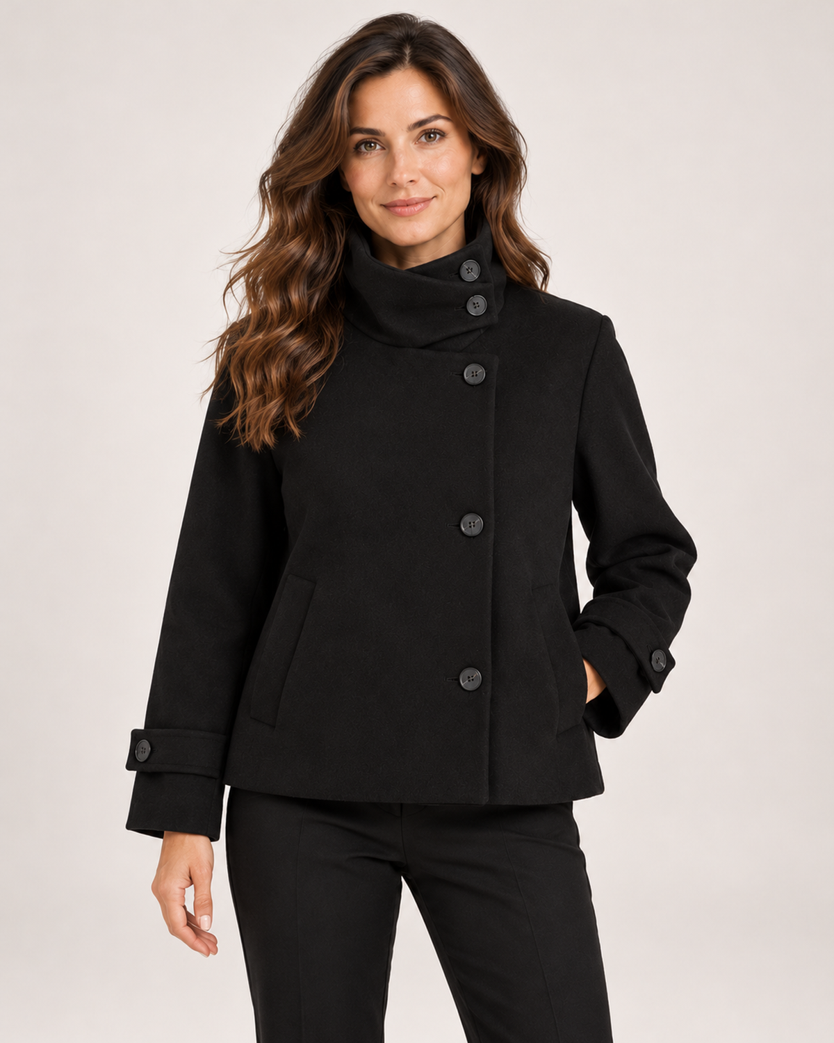 Women's black short funnel neck coat front view