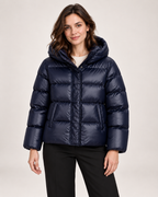 Women's blue hooded puffer jacket front view