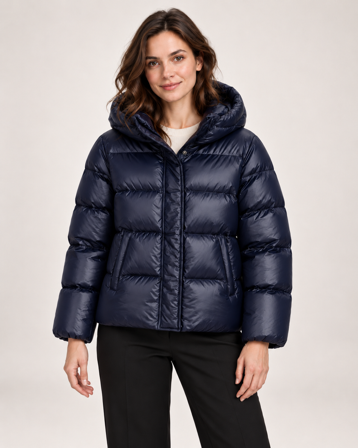 Women's blue hooded puffer jacket front view