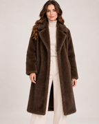 Women's brown long faux fur coat front view