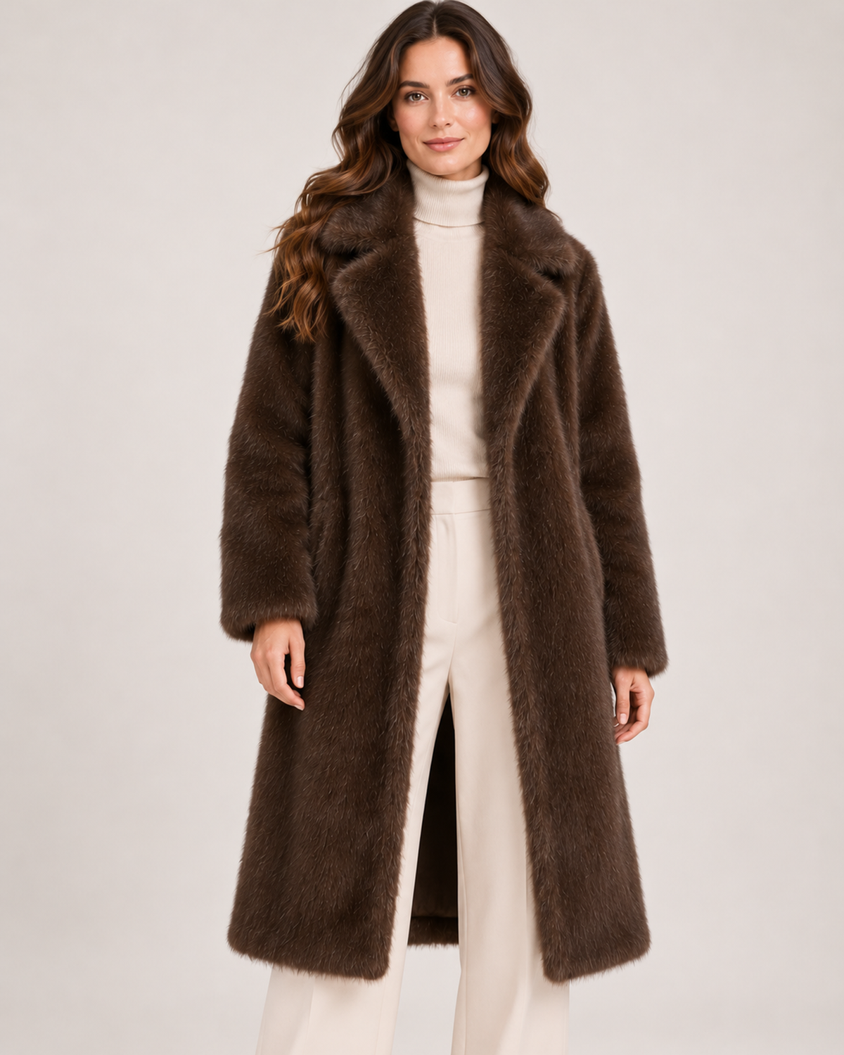 Women's brown long faux fur coat front view