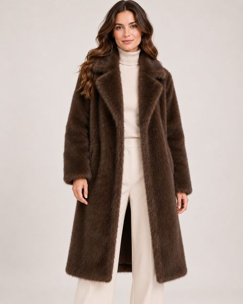 Women's brown long faux fur coat front view