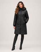 Women's Long Quilted Coat with Diamond Stitching front view