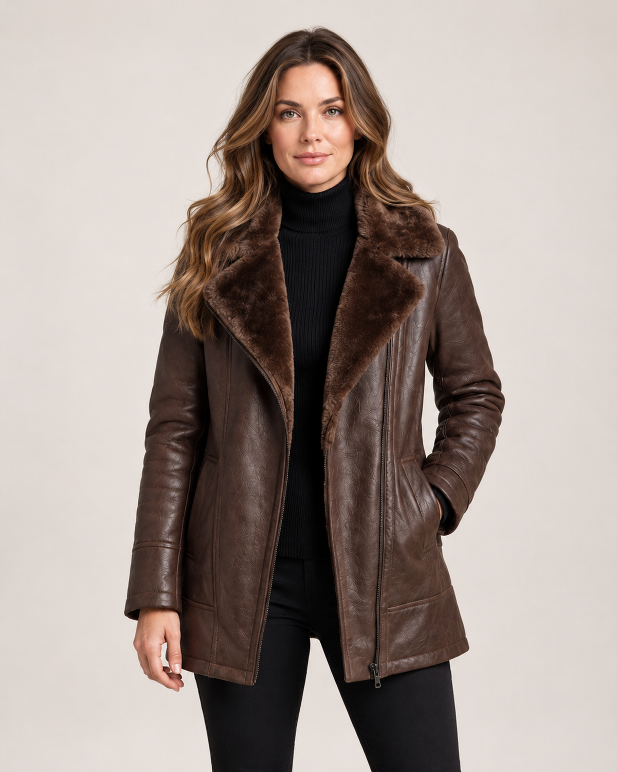 Women's Faux Leather Jacket with Faux Fur Collar front view