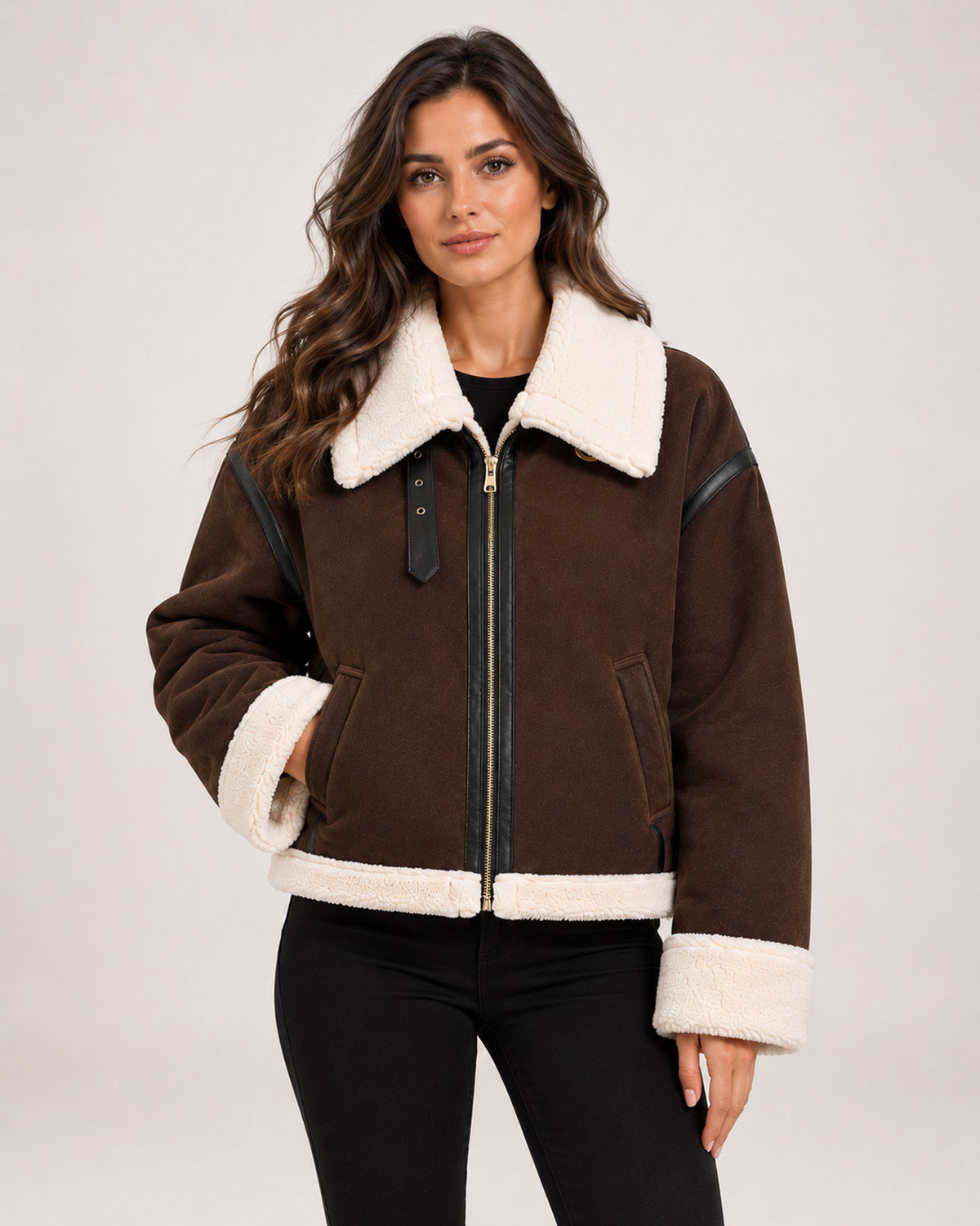 Women's Brown Suede Aviator Jacket – Faux Fur Collar Cropped Jacket front view