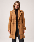 Women's Checked Coat Long Tailored Button Front Style camel front view