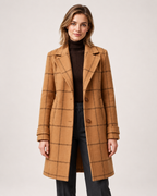 Women's Checked Coat Long Tailored Button Front Style camel front view
