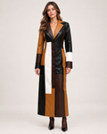 Women's Long Trench Coat with Patchwork Colour Block Design front view