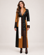 Women's Long Trench Coat with Patchwork Colour Block Design front view