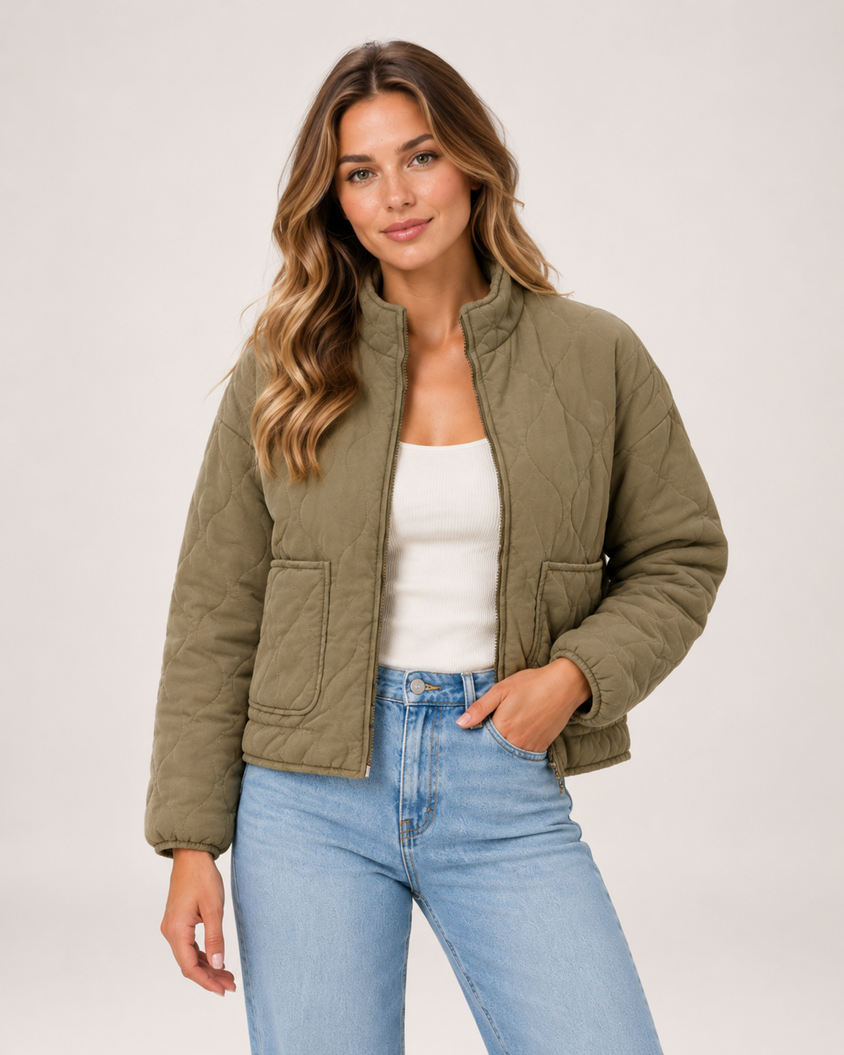 Women's Quilted Jacket – Lightweight Casual Jacket with Front Pockets olive front view