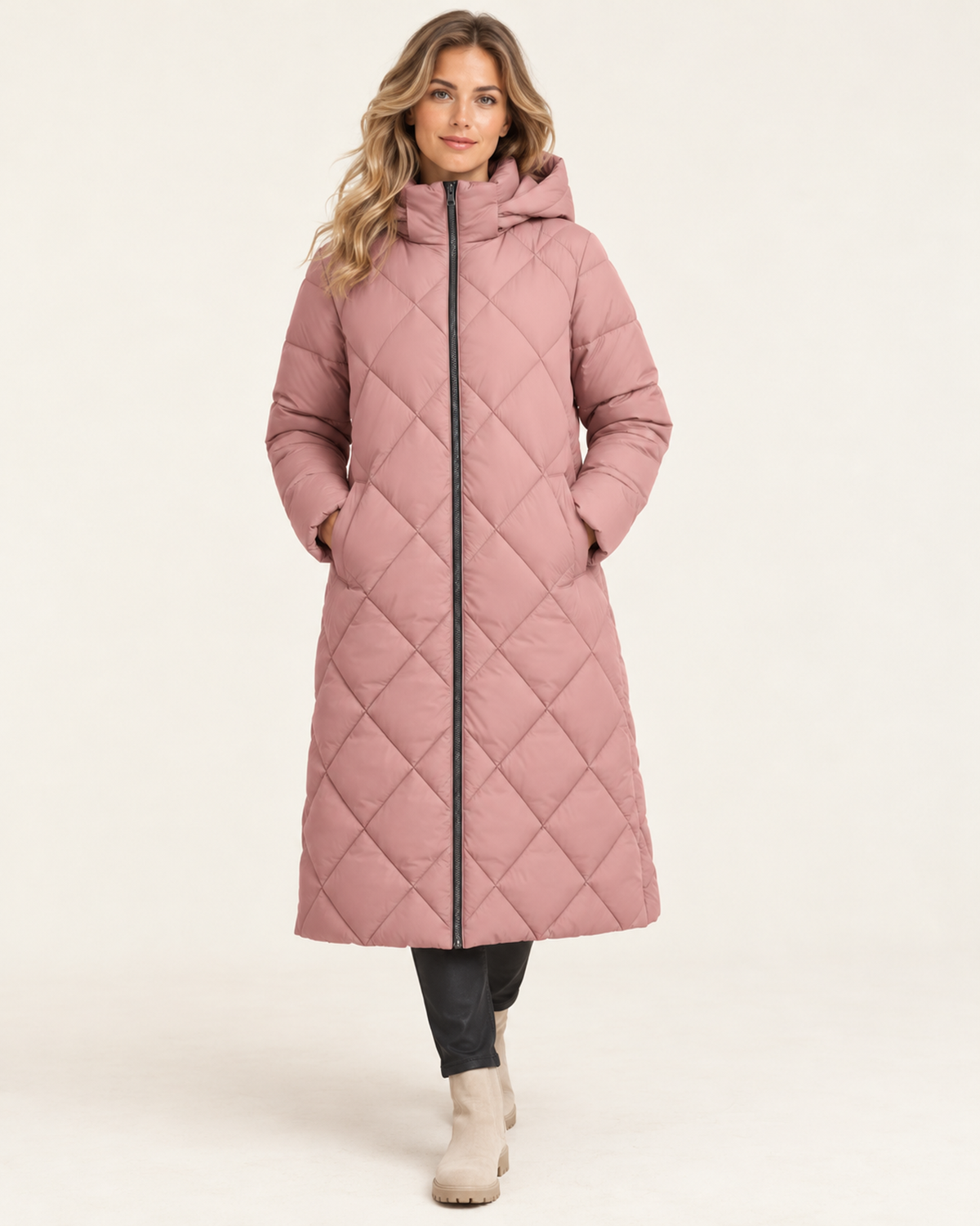 Women's pink long diamond quilted puffer jacket front view