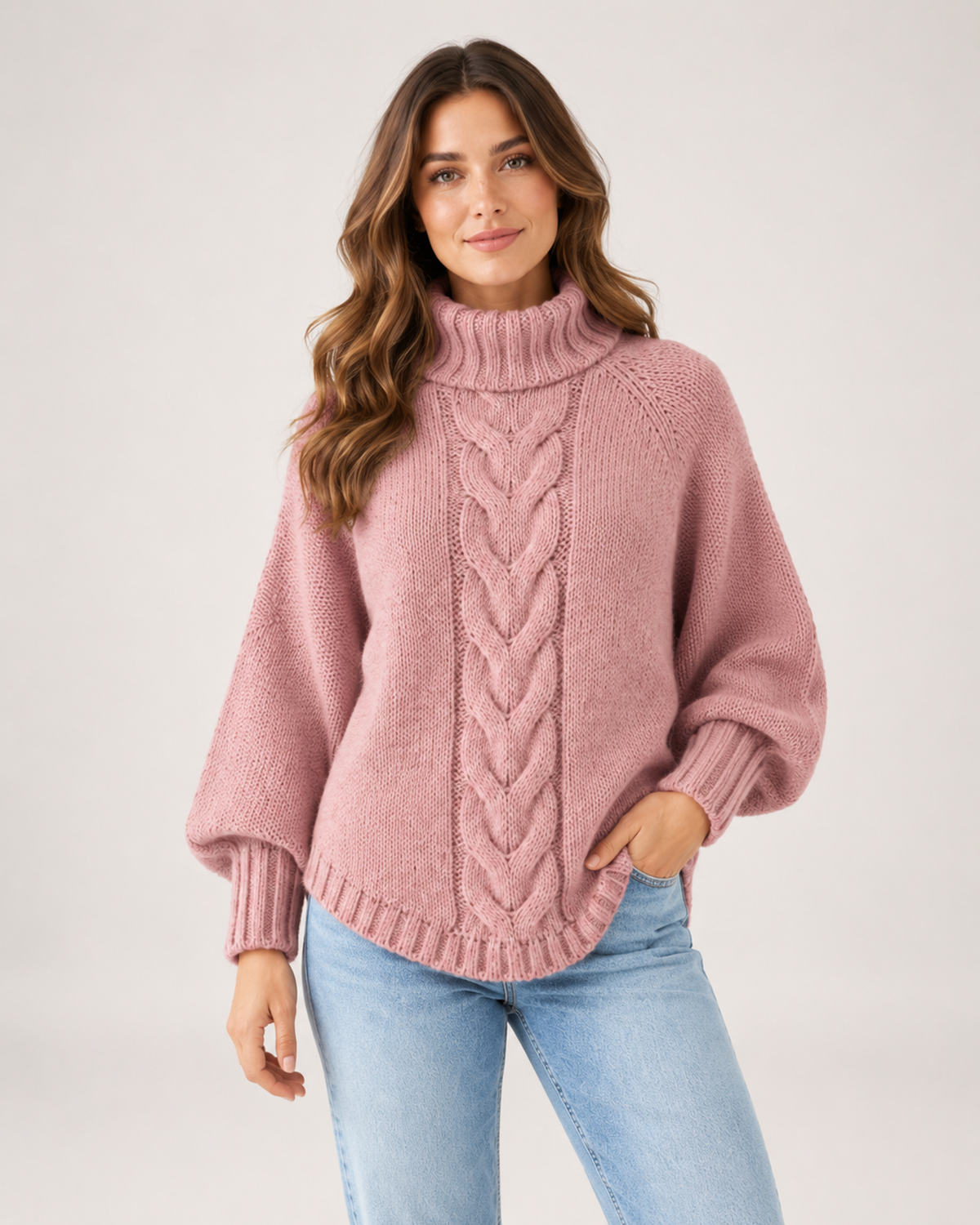 Women's Cable Knit Jumper Chunky Roll Neck Style pink front view