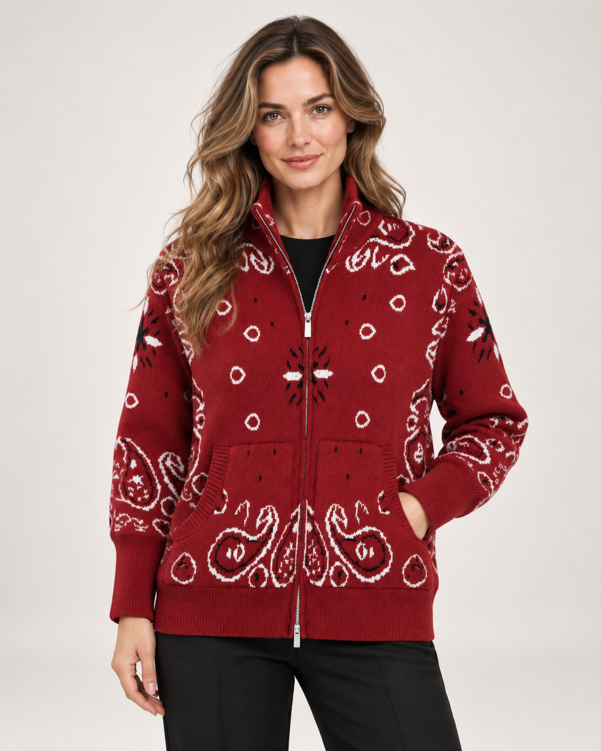 Women's Knitted Cardigan with Zip Front and High Neck red front view