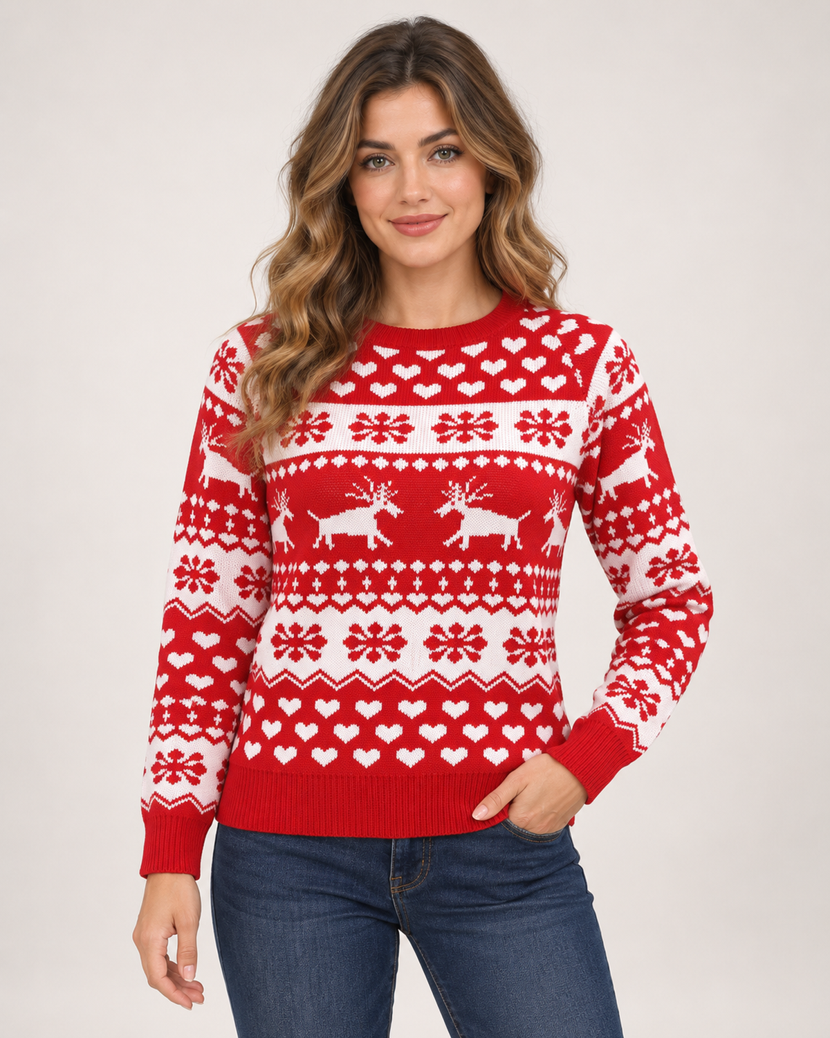 Women’s Christmas Jumper with Reindeer and Heart Pattern in Red, upper body product focus view