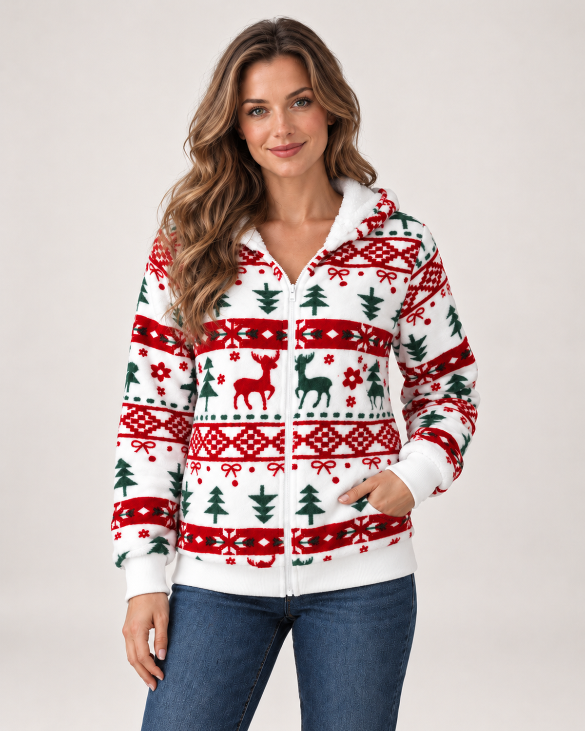 Women's Christmas Cardigan with Hood and Zip Front white front view