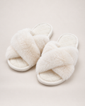 Women’s Fluffy Slippers with Cross Straps and Open Toe in White, product only view