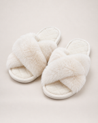 Women’s Fluffy Slippers with Cross Straps and Open Toe in White, product only view