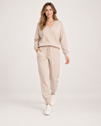 Women’s Loungewear Set with V-Neck Top and Joggers in Apricot, full body view