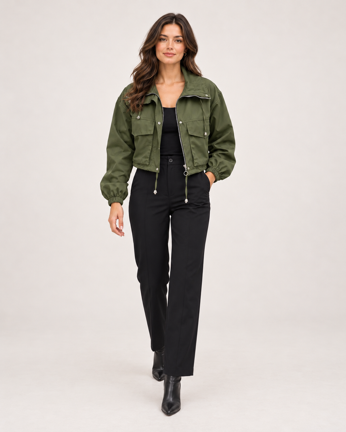Women's Cropped Utility Jacket with Stand Collar and Chest Pockets walking view