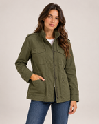 Women's army green utility jacket open front view