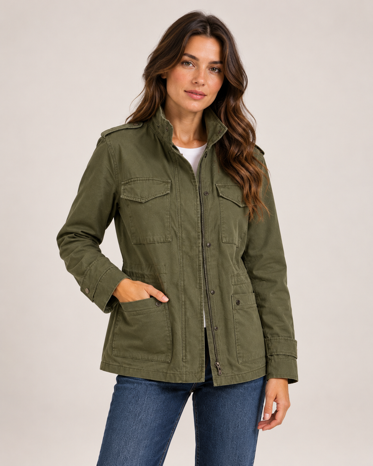 Women's army green utility jacket open front view