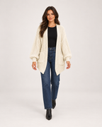 Women's Balloon Sleeve Cardigan with Chunky Knit walking view