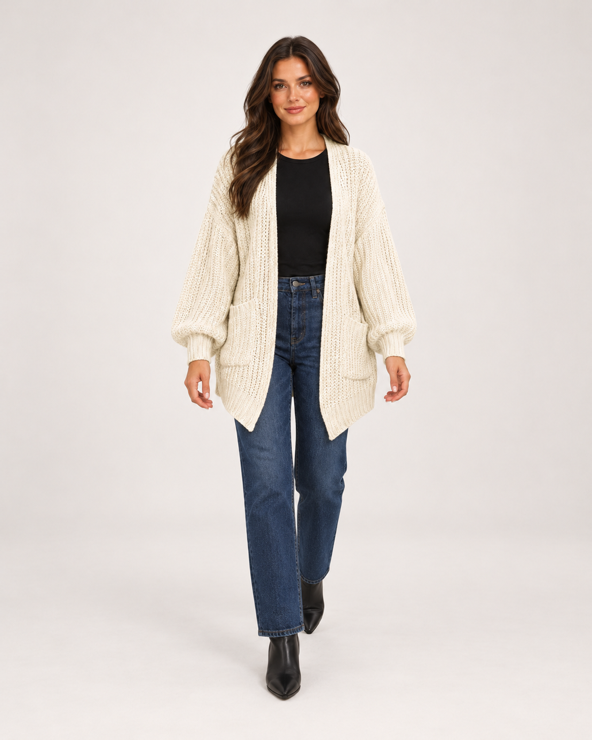 Women's Balloon Sleeve Cardigan with Chunky Knit walking view