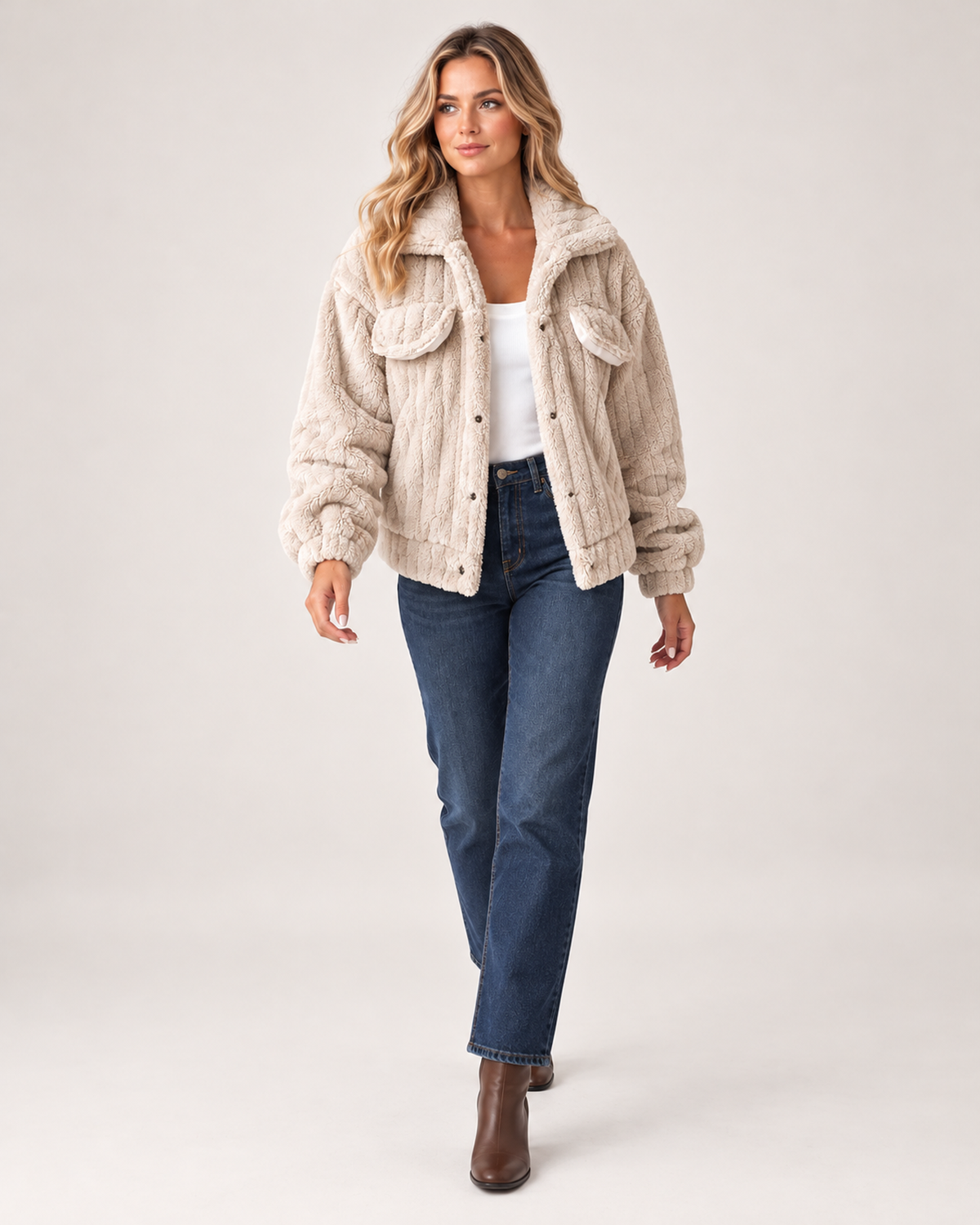 Women's Borg Jacket with Collar and Chest Pockets walking view