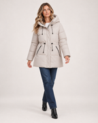 Women's Padded Coat with Hood and Drawstring Waist walking view