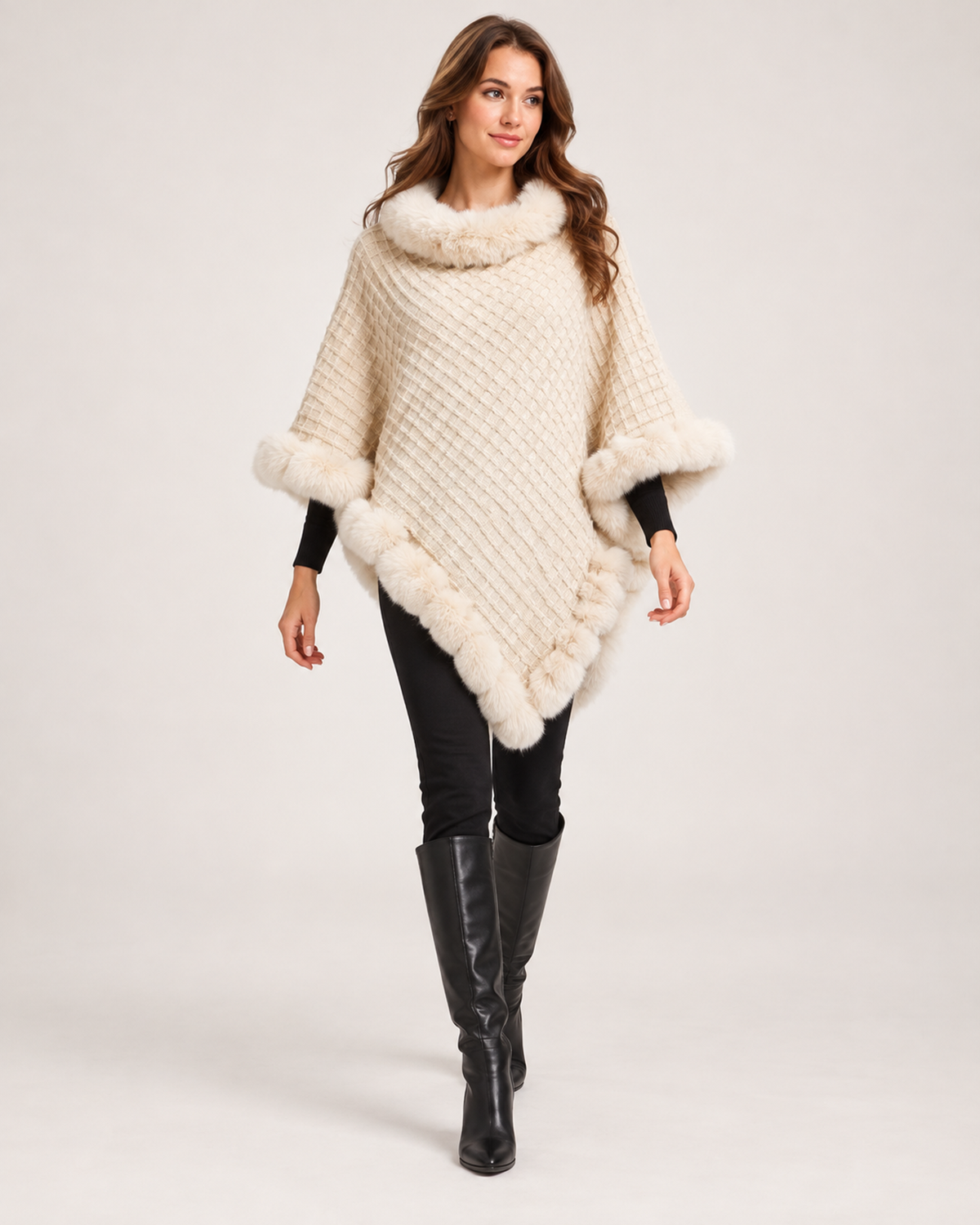 Women's beige cape coat with faux fur trim walking view