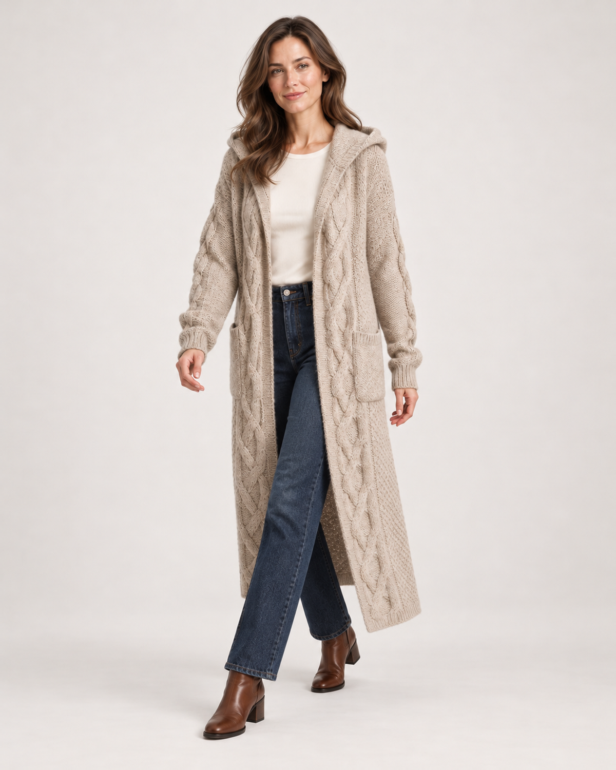 Women’s Long Cardigan with Hood and Cable Detail in Beige, full body view