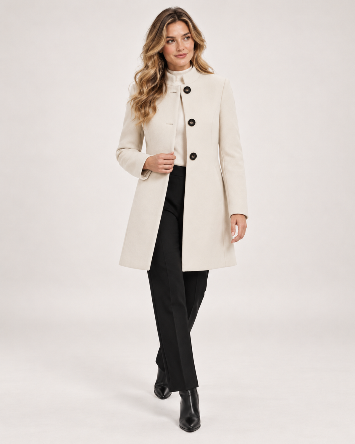 Women's Mid Length Coat with Collarless Neck product view