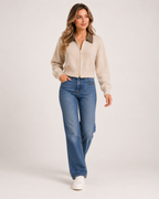Women's Cropped Zip-Up Cardigan with Contrast Collar product view