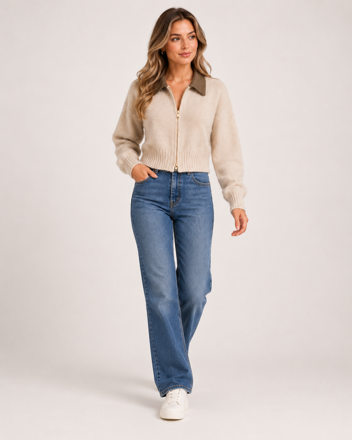 Women's Cropped Zip-Up Cardigan with Contrast Collar product view