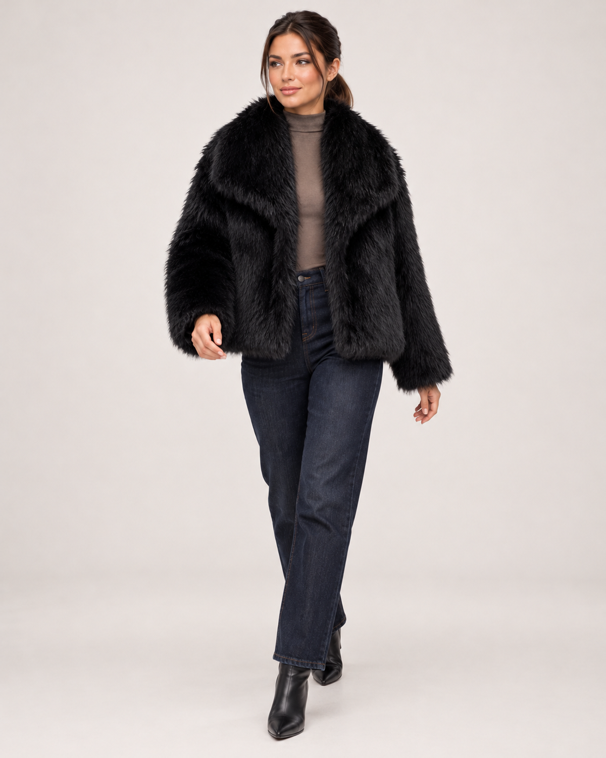 Women's Faux Fur Jacket with Wide Lapel Collar walking view