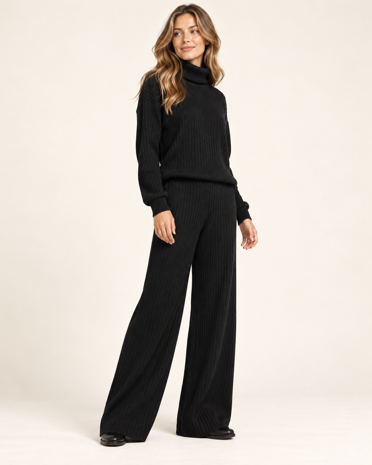 Women's black knitted roll neck co-ord set three quarter view
