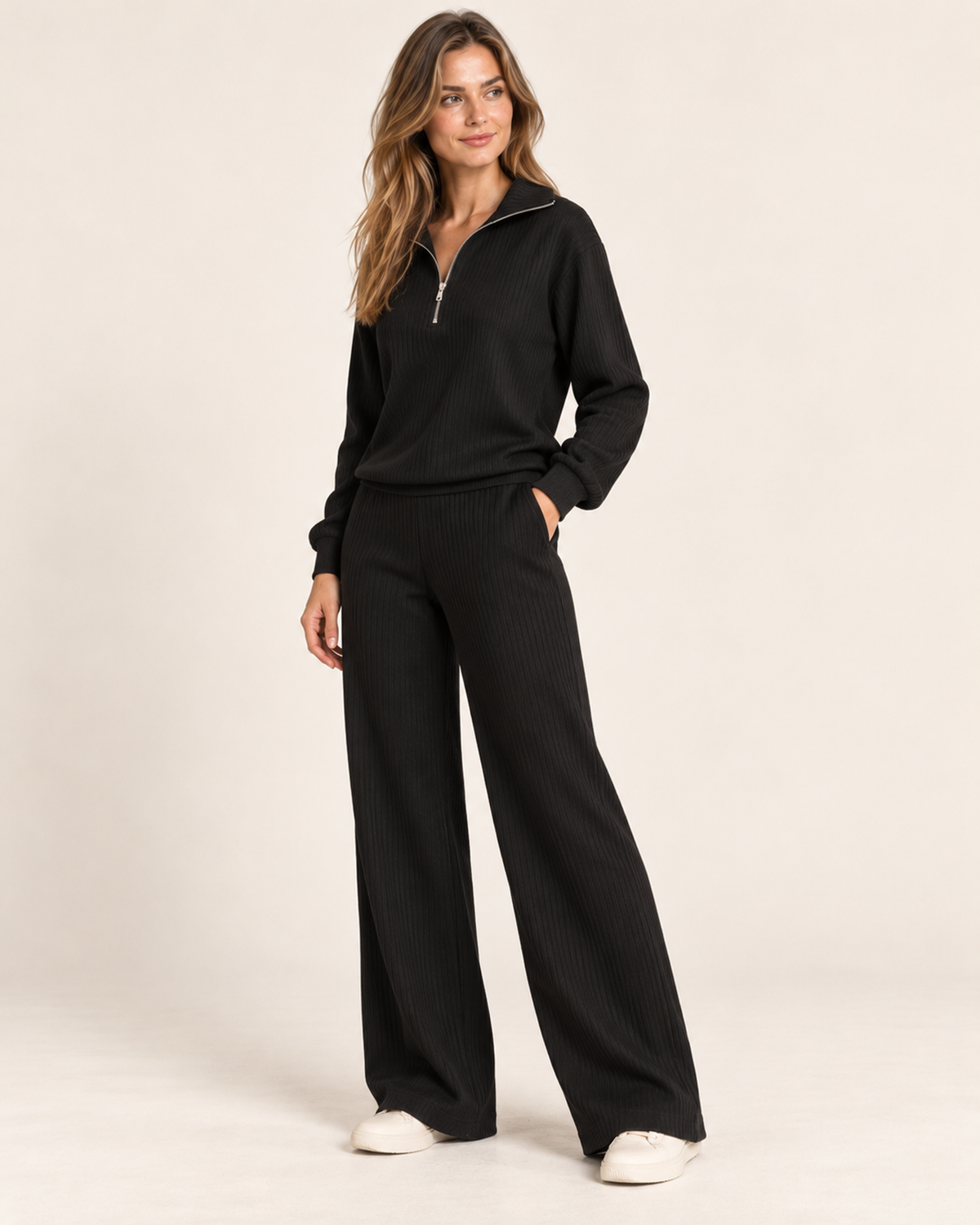 Women's black half zip co-ord set three quarter view