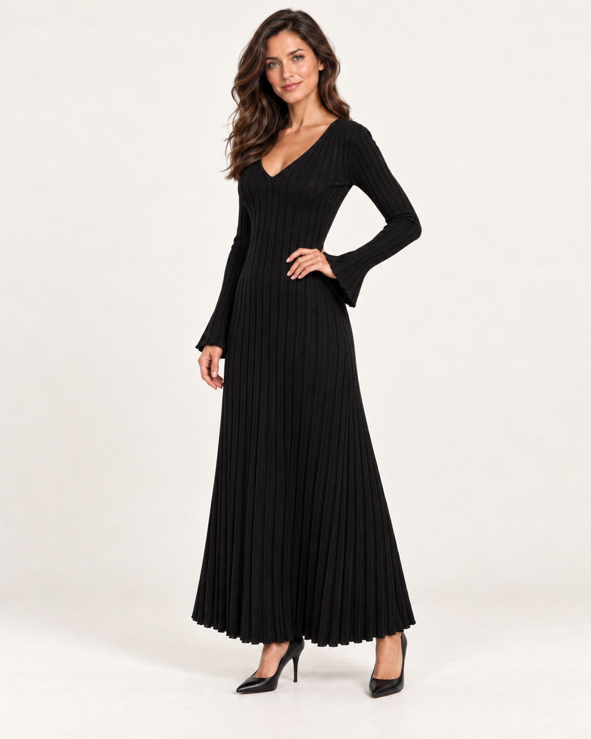 Women’s Knitted Dress with V Neck and Pleated Maxi Skirt in Black, full body view