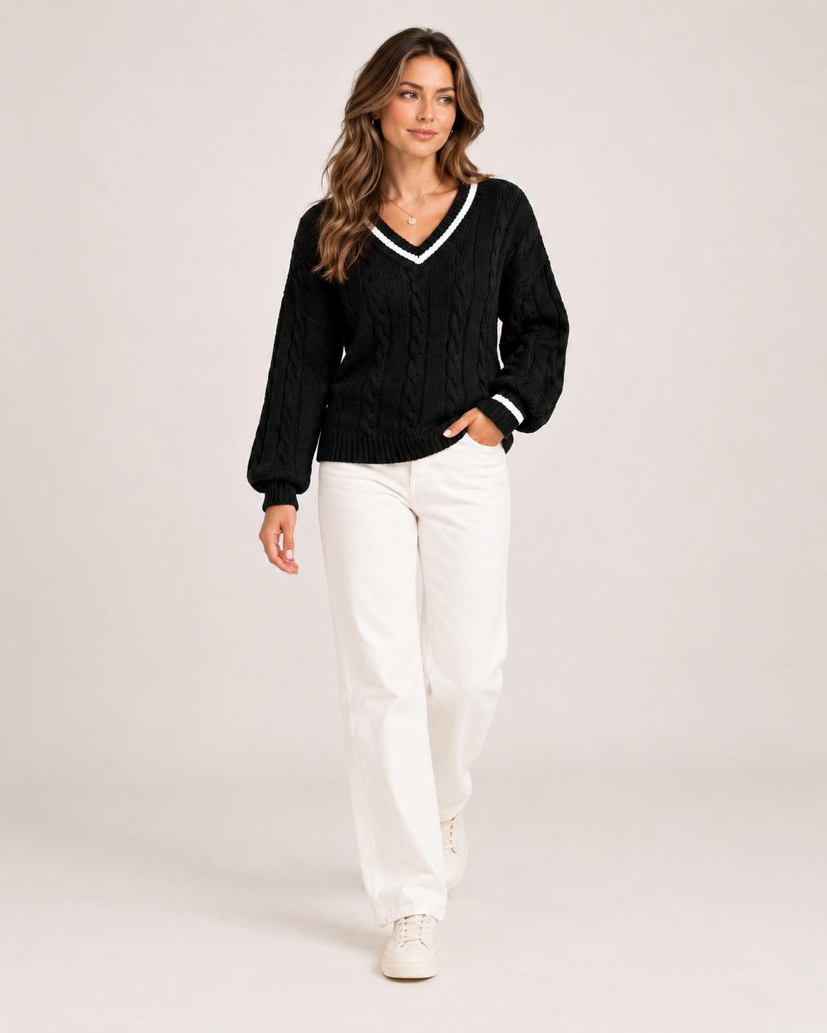 Women's V Neck Cable Knit Jumper with Contrast Trim product view