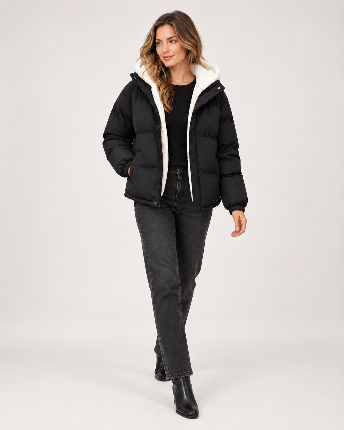 Women's Hooded Puffer Jacket with Teddy Fleece Lining product view