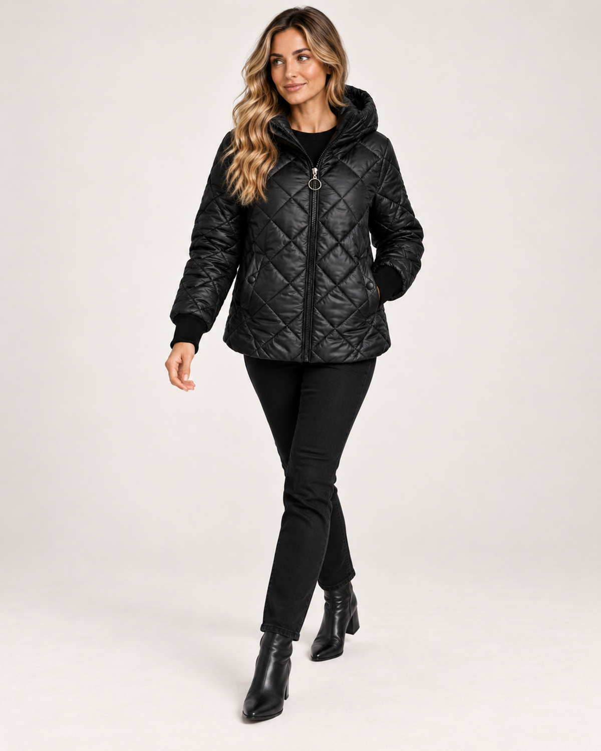 Women's Quilted Jacket with Hood and Zip Front product view