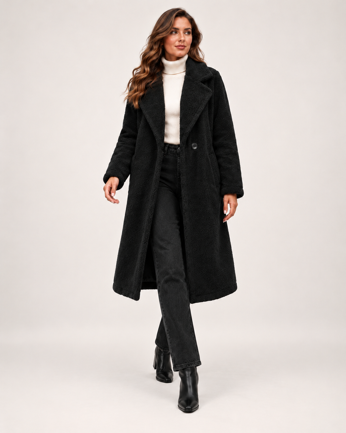 Women's Borg Coat with Long Shape and Lapel Collar product view