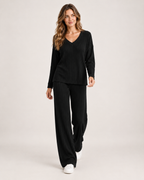 Women's Co-Ord Set with Ribbed V-Neck Top and Wide Leg Trousers product view