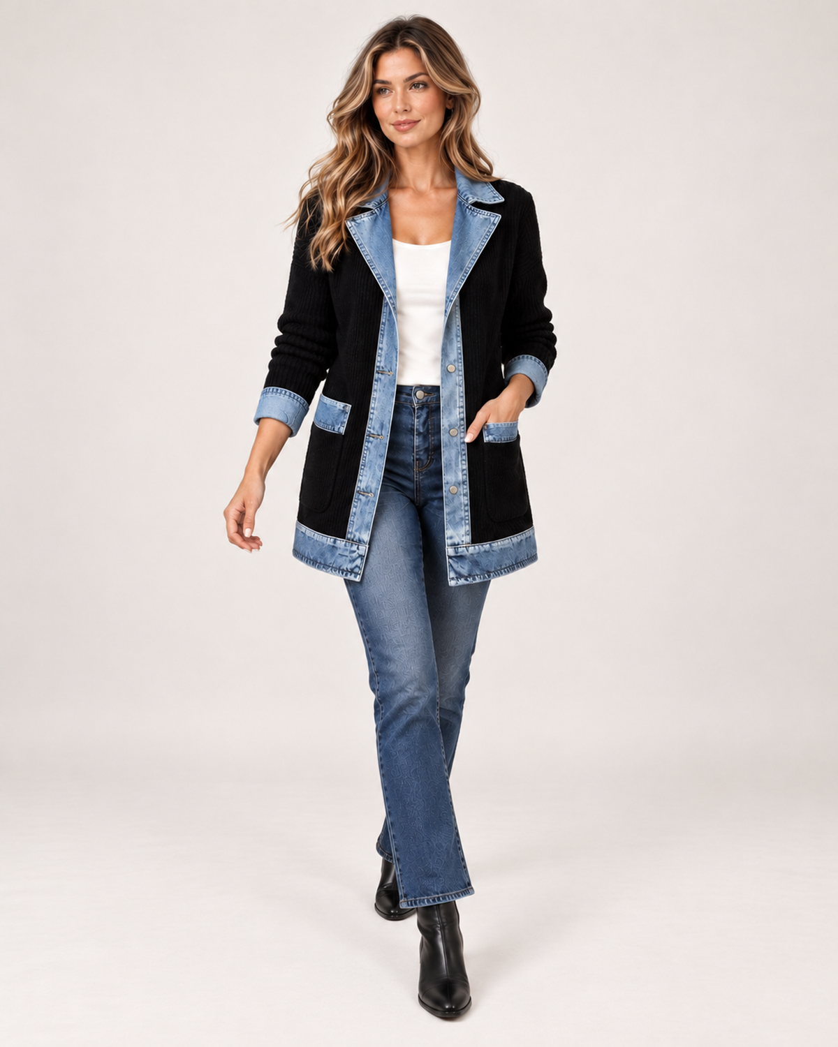 Women's Coatigan with Denim Collar and Button Front product view