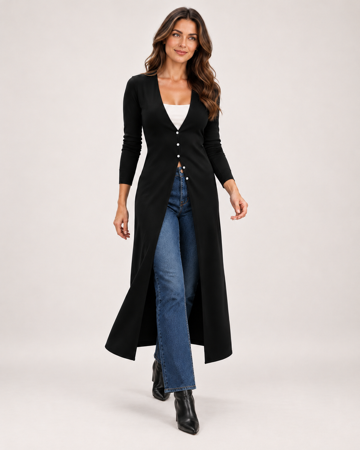 Women's Coatigan with V Neck and Longline Button Front product view