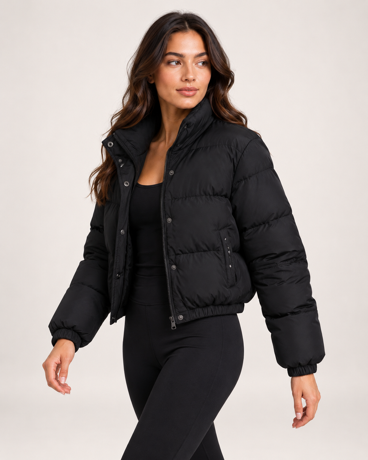 Women's black cropped bomber jacket open three-quarter view