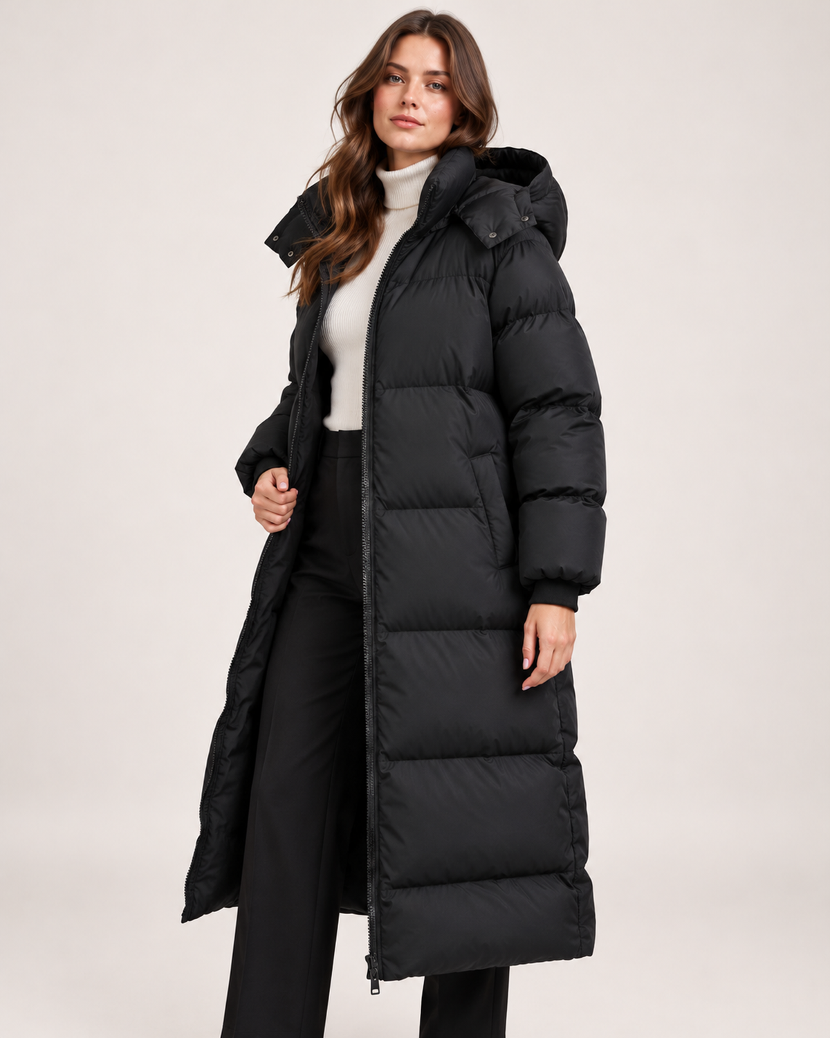 Women's black long hooded puffer coat open three quarter view